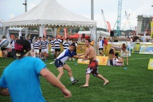 World Cup Riders Touch Rugby Team on Floating Platform